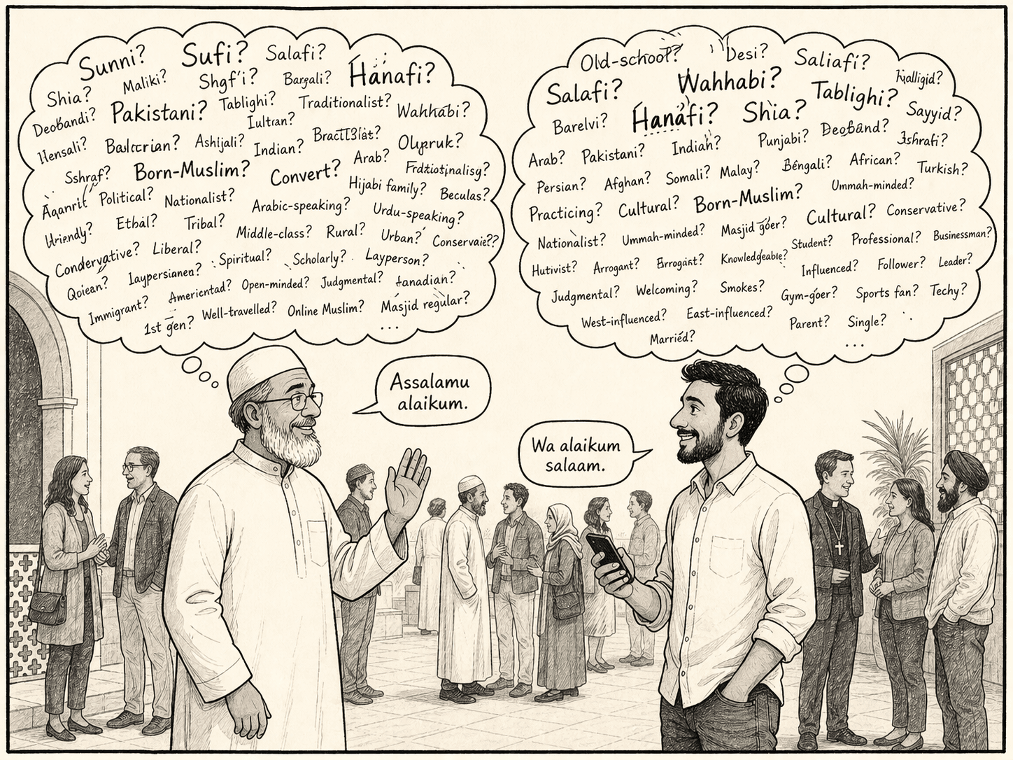 Two Muslim men greeting each other with "Assalamu alaikum" / "Wa alaikum salaam," each surrounded by enormous thought bubbles full of labels they are mentally cataloguing about the other.
