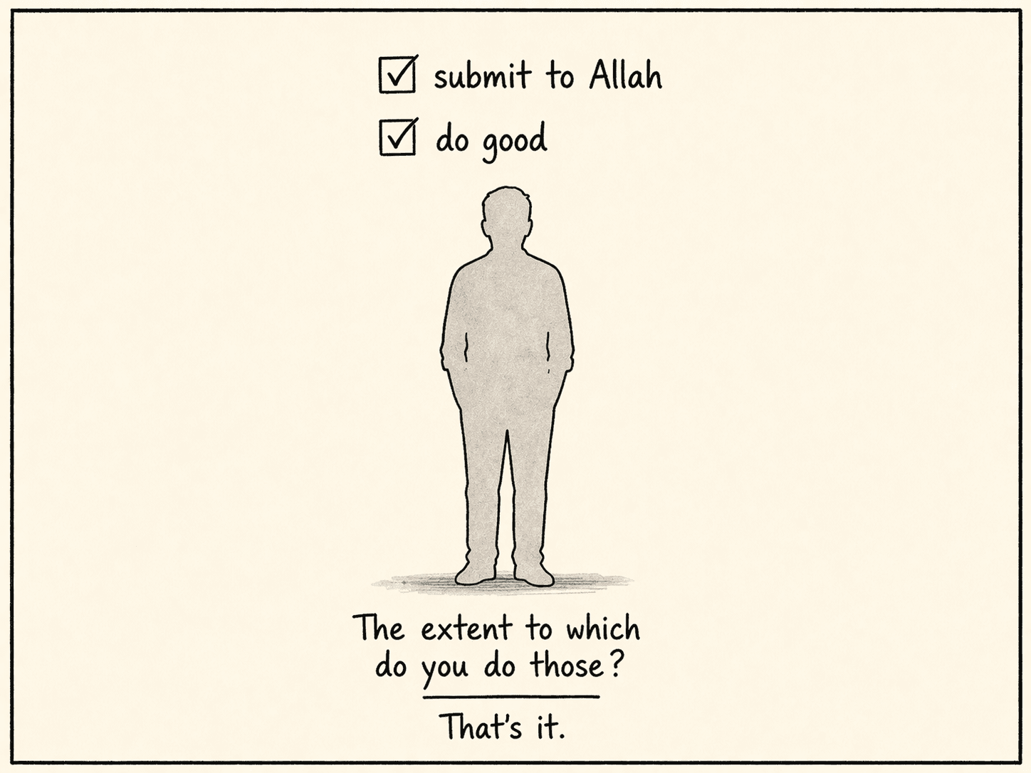 A simple grey silhouette of a person, with two ticked checkboxes above — "submit to Allah" and "do good" — and a caption: "The extent to which do you do those? That's it."